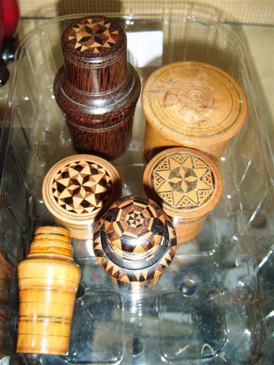 Tunbridge Ware- Three perfume bottle holders & three drum boxes